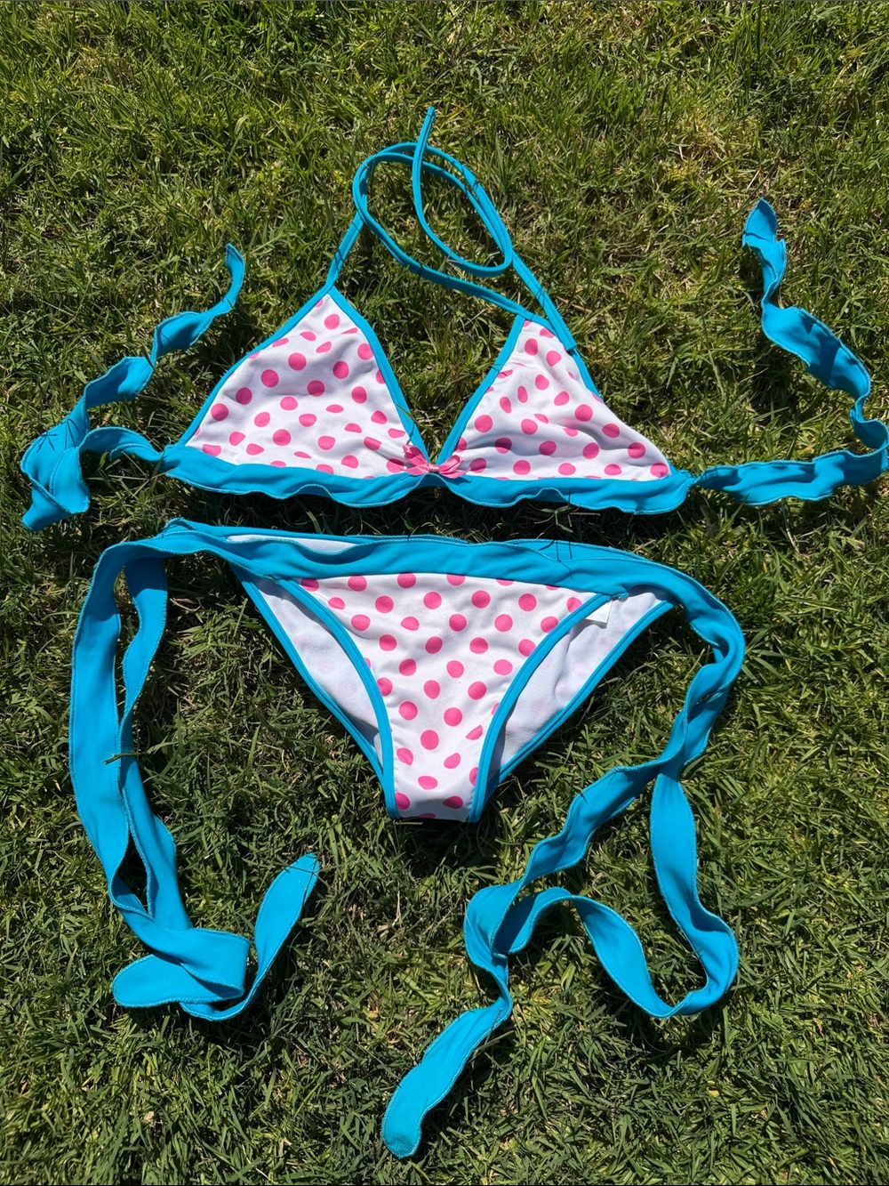 Turquoise Trim Pink Polka Dot Triangle Bikini